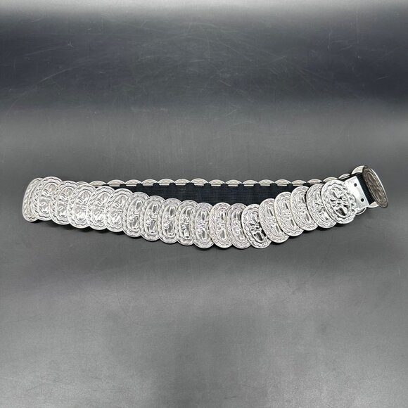 Vintage Western Concho Silver Tone Stretch Belt Floral Medallions Southwestern - Picture 2 of 8
